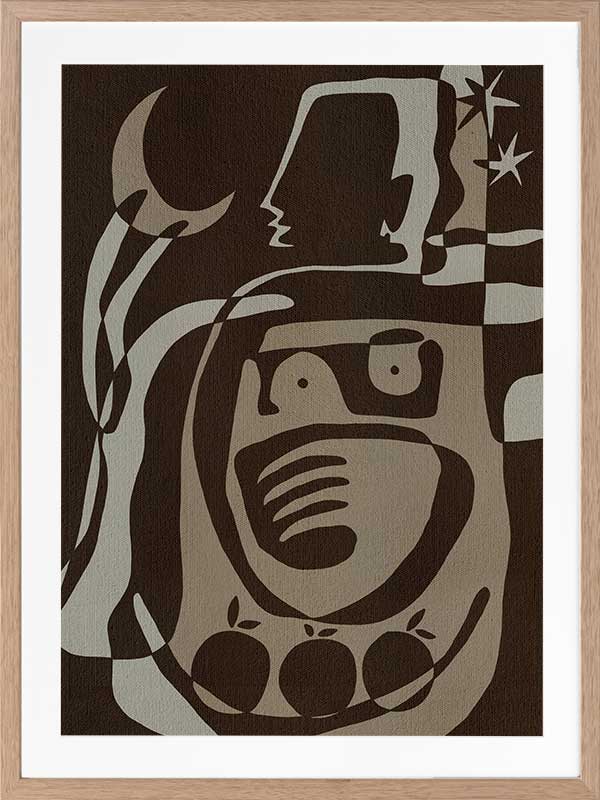 Mystical abstract piece featuring a central figure with etched lines, crescent moon, and floating stars in earthy neutral tones, from the Shatha collection with Urban Road.