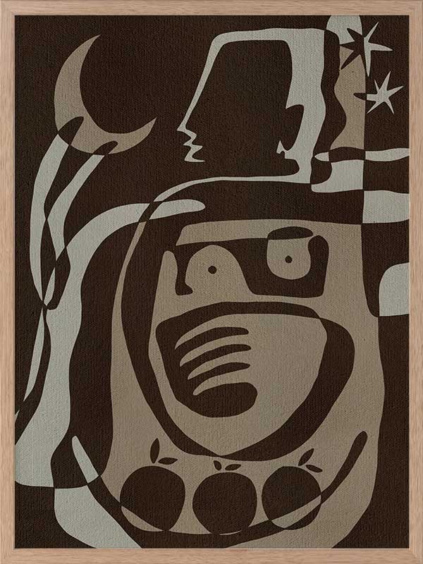 Mystical abstract piece featuring a central figure with etched lines, crescent moon, and floating stars in earthy neutral tones, from the Shatha collection with Urban Road.