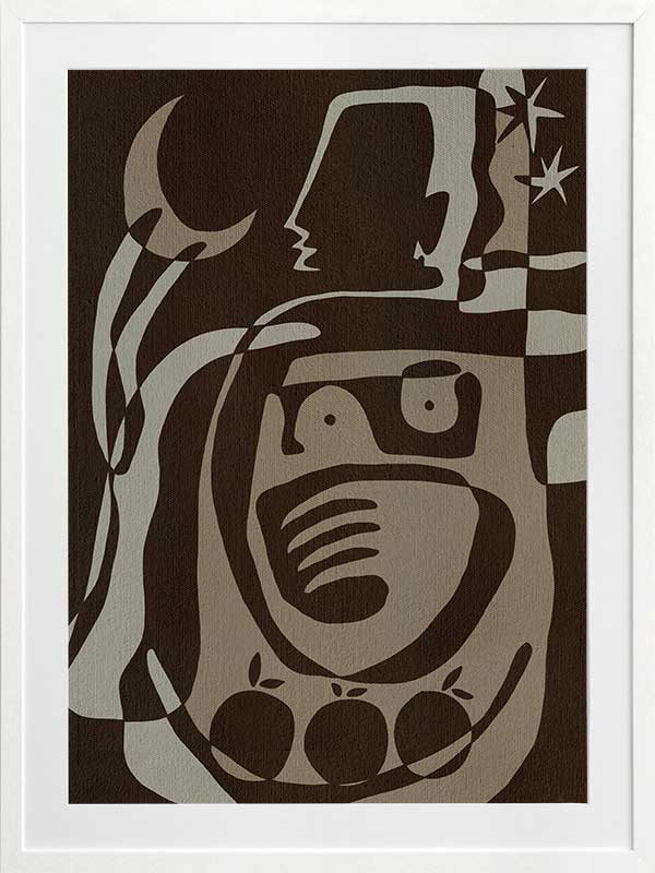 Mystical abstract piece featuring a central figure with etched lines, crescent moon, and floating stars in earthy neutral tones, from the Shatha collection with Urban Road.