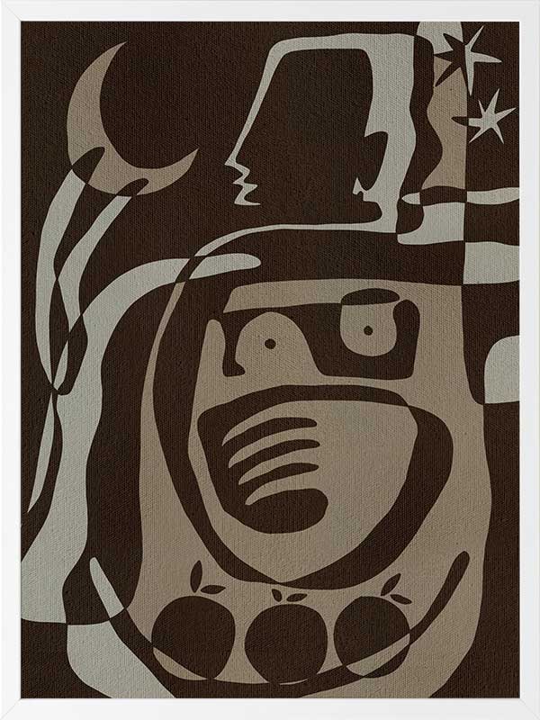 Mystical abstract piece featuring a central figure with etched lines, crescent moon, and floating stars in earthy neutral tones, from the Shatha collection with Urban Road.