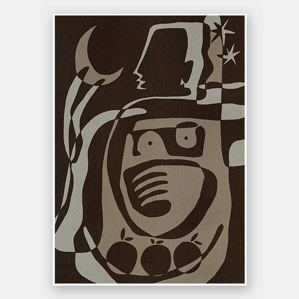 Mystical abstract piece featuring a central figure with etched lines, crescent moon, and floating stars in earthy neutral tones, from the Shatha collection with Urban Road.