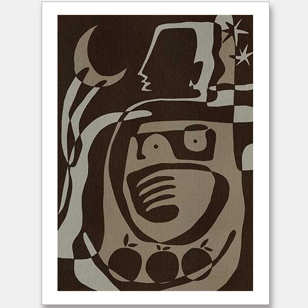 Mystical abstract piece featuring a central figure with etched lines, crescent moon, and floating stars in earthy neutral tones, from the Shatha collection with Urban Road.