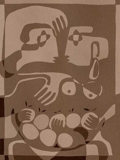 Layered figurative forms in chocolate and taupe tones with abstract hands and expressive gestures, from the Shatha collection with Urban Road.