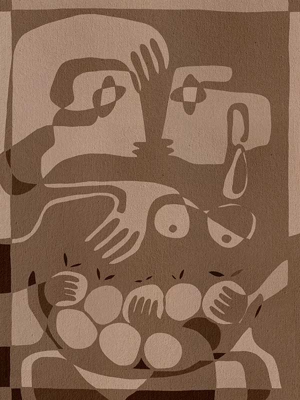 Layered figurative forms in chocolate and taupe tones with abstract hands and expressive gestures, from the Shatha collection with Urban Road.