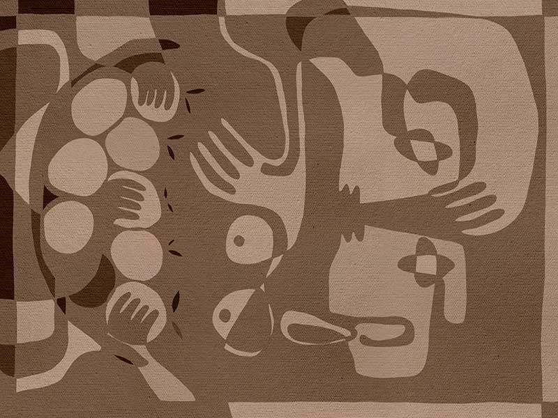 Layered figurative forms in chocolate and taupe tones with abstract hands and expressive gestures, from the Shatha collection with Urban Road.