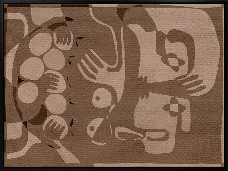 Layered figurative forms in chocolate and taupe tones with abstract hands and expressive gestures, from the Shatha collection with Urban Road.