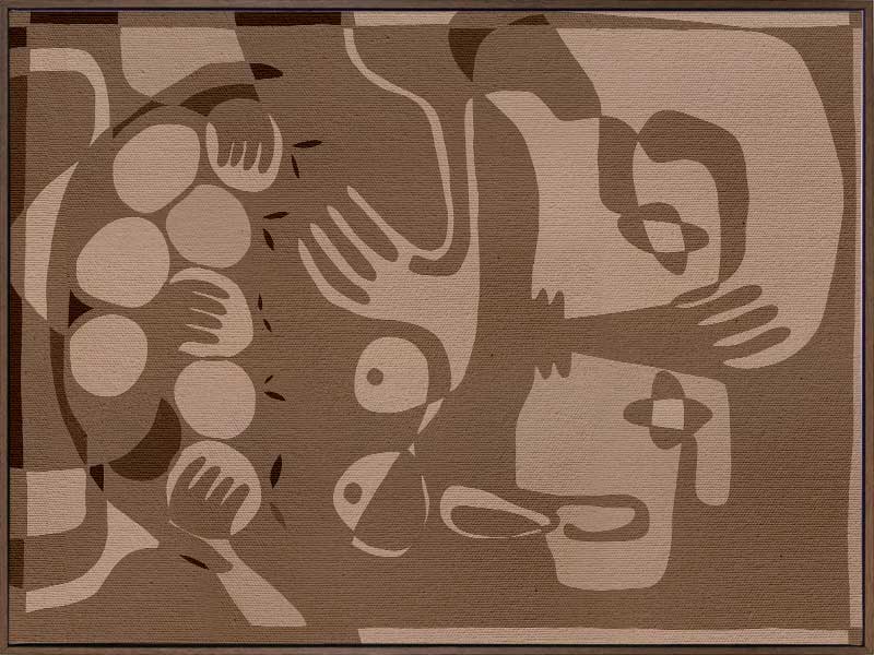 Layered figurative forms in chocolate and taupe tones with abstract hands and expressive gestures, from the Shatha collection with Urban Road.