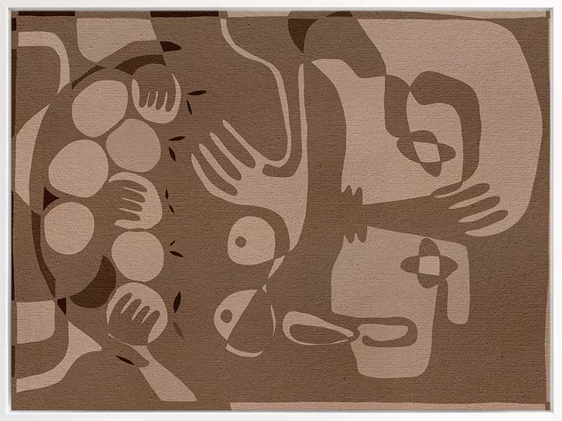 Layered figurative forms in chocolate and taupe tones with abstract hands and expressive gestures, from the Shatha collection with Urban Road.