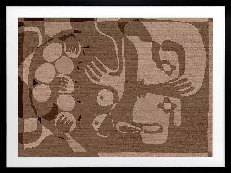 Layered figurative forms in chocolate and taupe tones with abstract hands and expressive gestures, from the Shatha collection with Urban Road.