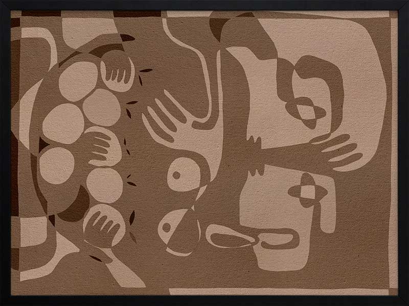 Layered figurative forms in chocolate and taupe tones with abstract hands and expressive gestures, from the Shatha collection with Urban Road.