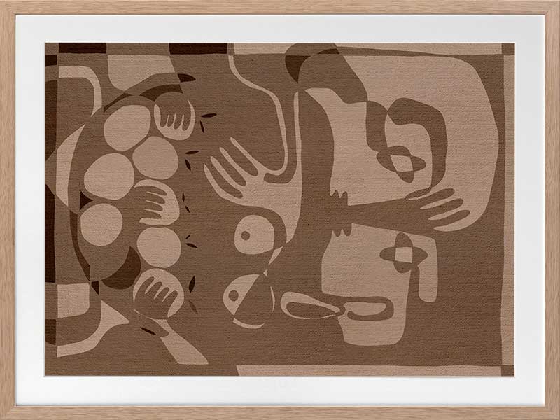 Layered figurative forms in chocolate and taupe tones with abstract hands and expressive gestures, from the Shatha collection with Urban Road.