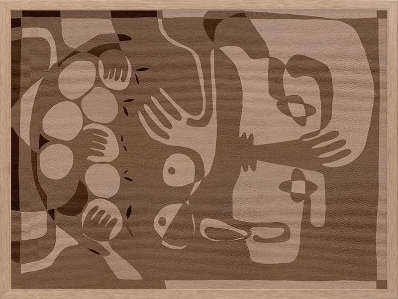 Layered figurative forms in chocolate and taupe tones with abstract hands and expressive gestures, from the Shatha collection with Urban Road.