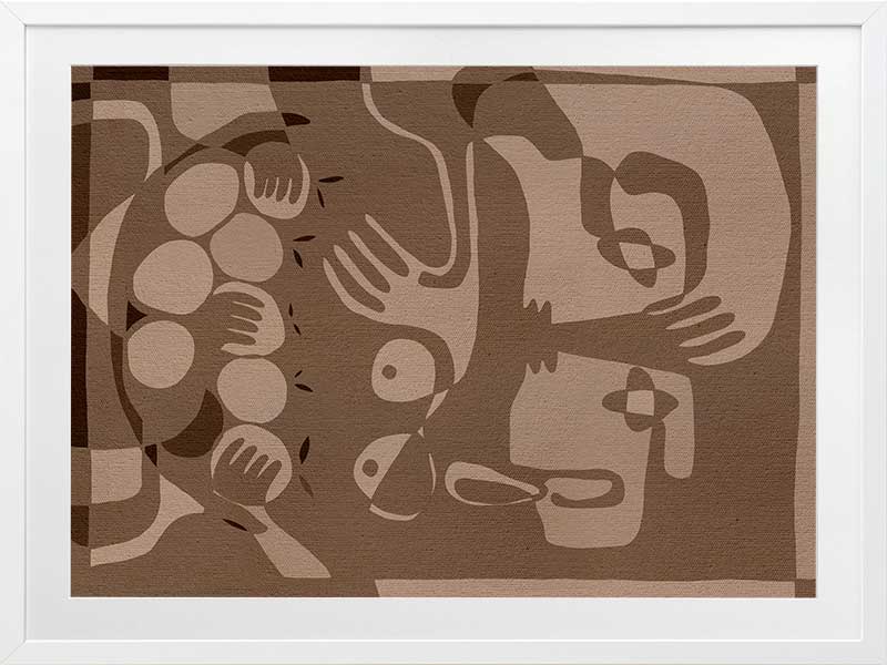 Layered figurative forms in chocolate and taupe tones with abstract hands and expressive gestures, from the Shatha collection with Urban Road.