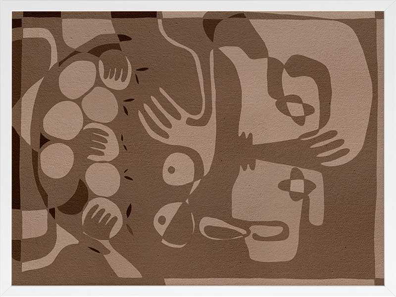 Layered figurative forms in chocolate and taupe tones with abstract hands and expressive gestures, from the Shatha collection with Urban Road.