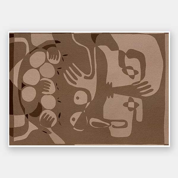 Layered figurative forms in chocolate and taupe tones with abstract hands and expressive gestures, from the Shatha collection with Urban Road.