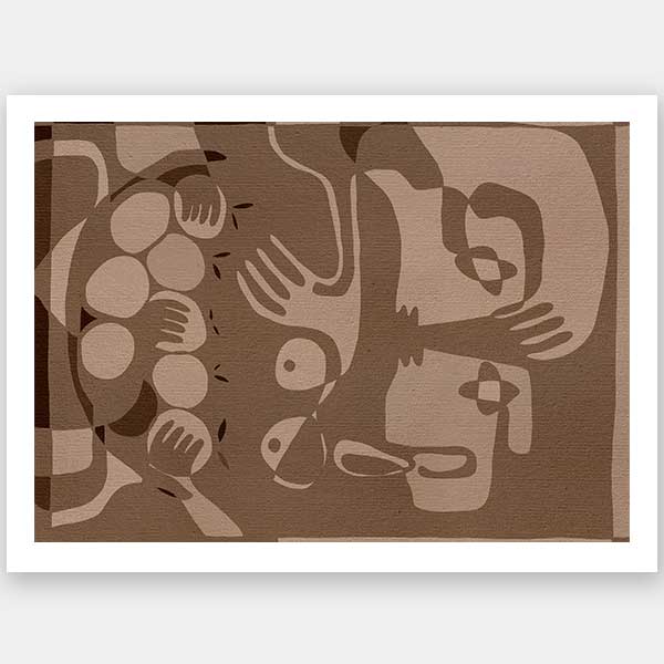 Layered figurative forms in chocolate and taupe tones with abstract hands and expressive gestures, from the Shatha collection with Urban Road.