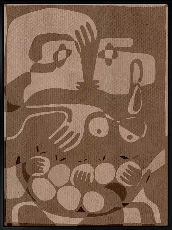 Layered figurative forms in chocolate and taupe tones with abstract hands and expressive gestures, from the Shatha collection with Urban Road.