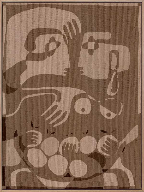 Layered figurative forms in chocolate and taupe tones with abstract hands and expressive gestures, from the Shatha collection with Urban Road.