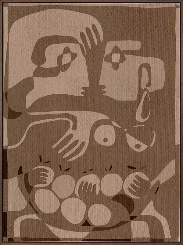 Layered figurative forms in chocolate and taupe tones with abstract hands and expressive gestures, from the Shatha collection with Urban Road.