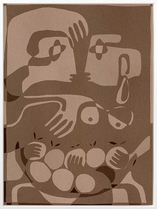 Layered figurative forms in chocolate and taupe tones with abstract hands and expressive gestures, from the Shatha collection with Urban Road.