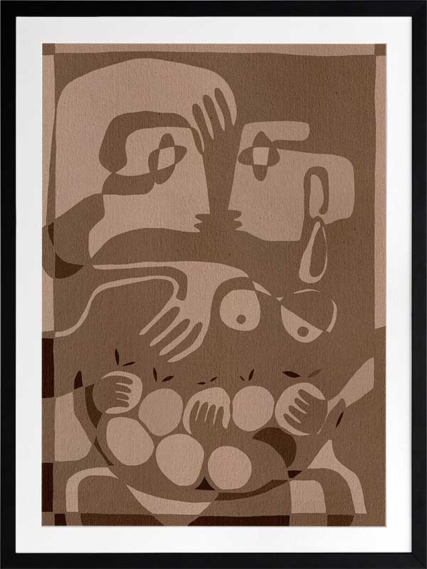 Layered figurative forms in chocolate and taupe tones with abstract hands and expressive gestures, from the Shatha collection with Urban Road.