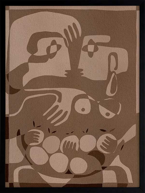 Layered figurative forms in chocolate and taupe tones with abstract hands and expressive gestures, from the Shatha collection with Urban Road.