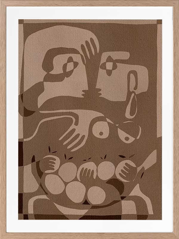 Layered figurative forms in chocolate and taupe tones with abstract hands and expressive gestures, from the Shatha collection with Urban Road.