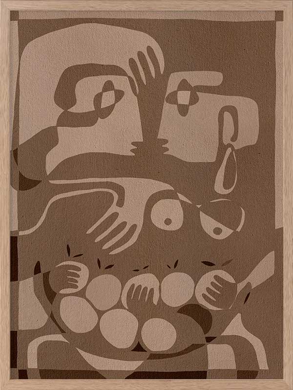 Layered figurative forms in chocolate and taupe tones with abstract hands and expressive gestures, from the Shatha collection with Urban Road.