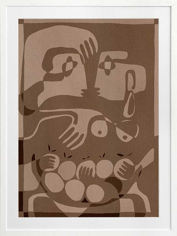 Layered figurative forms in chocolate and taupe tones with abstract hands and expressive gestures, from the Shatha collection with Urban Road.