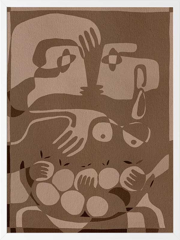 Layered figurative forms in chocolate and taupe tones with abstract hands and expressive gestures, from the Shatha collection with Urban Road.