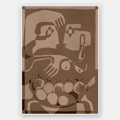 Layered figurative forms in chocolate and taupe tones with abstract hands and expressive gestures, from the Shatha collection with Urban Road.