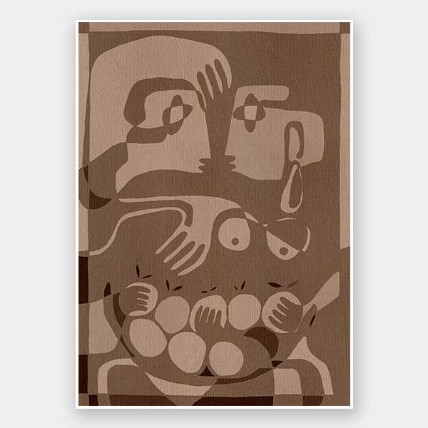 Layered figurative forms in chocolate and taupe tones with abstract hands and expressive gestures, from the Shatha collection with Urban Road.