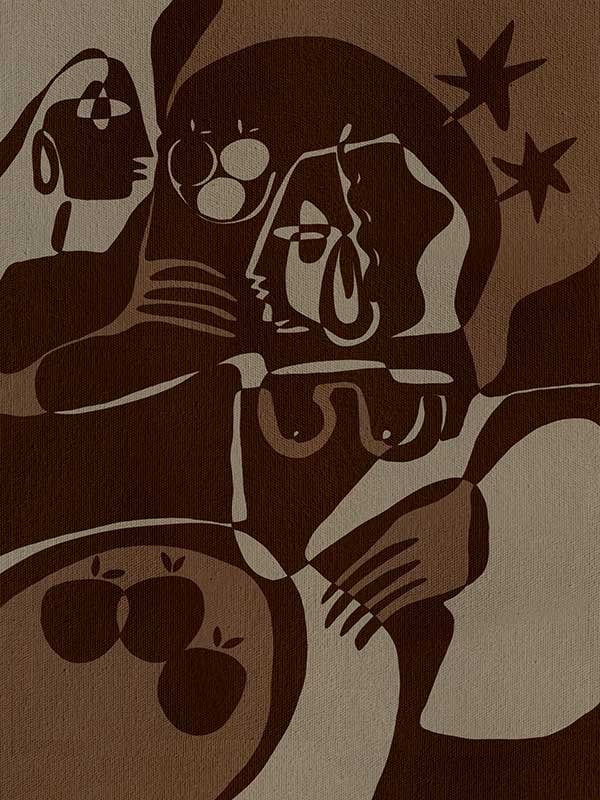 Expressive abstract piece in deep earthy tones, featuring emotional human-like figures, fruit forms, and stars, from the Shatha collection with Urban Road.