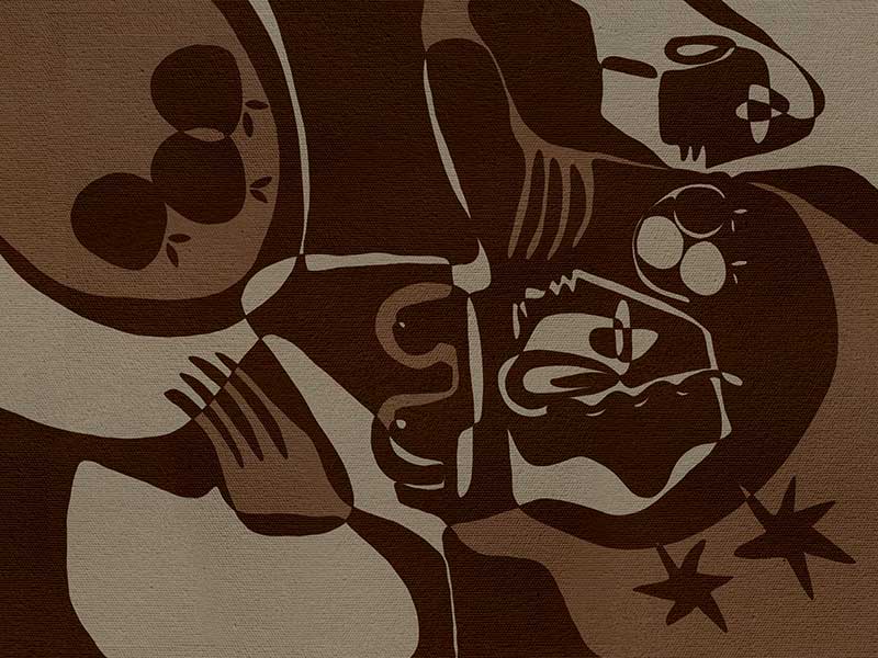 Expressive abstract piece in deep earthy tones, featuring emotional human-like figures, fruit forms, and stars, from the Shatha collection with Urban Road.