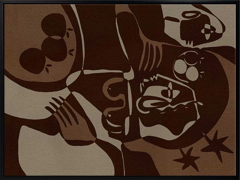 Expressive abstract piece in deep earthy tones, featuring emotional human-like figures, fruit forms, and stars, from the Shatha collection with Urban Road.