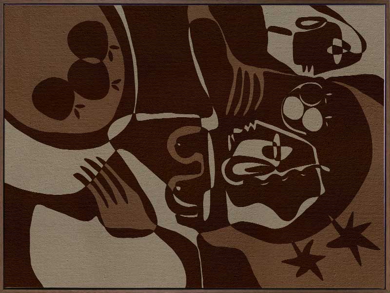 Expressive abstract piece in deep earthy tones, featuring emotional human-like figures, fruit forms, and stars, from the Shatha collection with Urban Road.