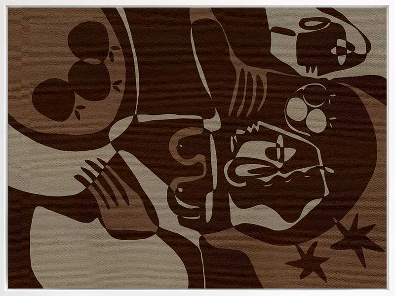 Expressive abstract piece in deep earthy tones, featuring emotional human-like figures, fruit forms, and stars, from the Shatha collection with Urban Road.