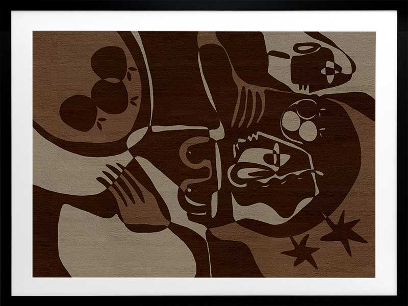 Expressive abstract piece in deep earthy tones, featuring emotional human-like figures, fruit forms, and stars, from the Shatha collection with Urban Road.