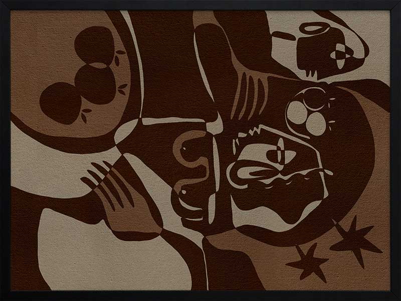 Expressive abstract piece in deep earthy tones, featuring emotional human-like figures, fruit forms, and stars, from the Shatha collection with Urban Road.