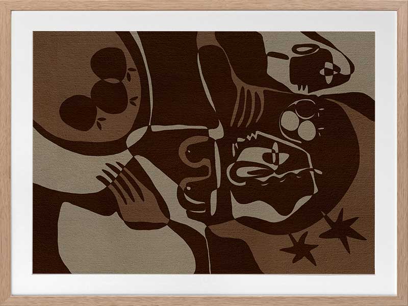 Expressive abstract piece in deep earthy tones, featuring emotional human-like figures, fruit forms, and stars, from the Shatha collection with Urban Road.