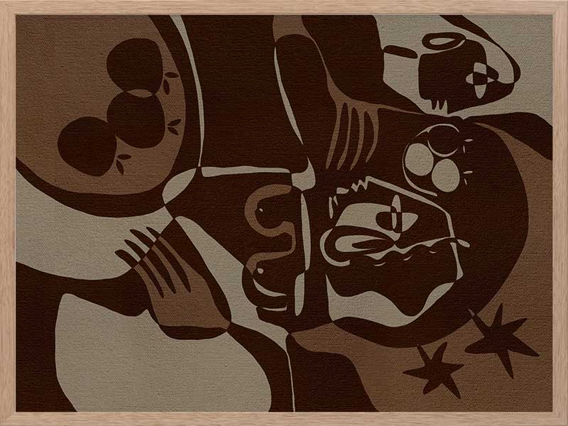 Expressive abstract piece in deep earthy tones, featuring emotional human-like figures, fruit forms, and stars, from the Shatha collection with Urban Road.