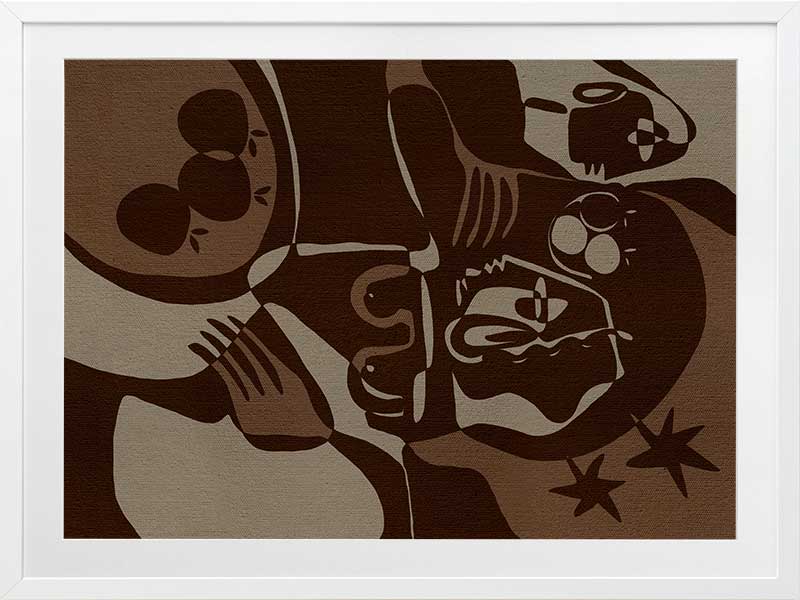 Expressive abstract piece in deep earthy tones, featuring emotional human-like figures, fruit forms, and stars, from the Shatha collection with Urban Road.