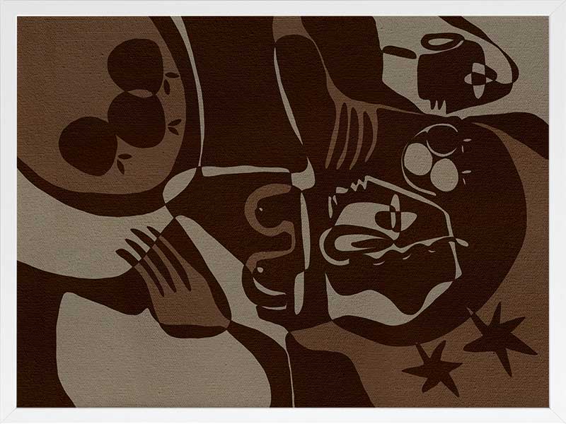 Expressive abstract piece in deep earthy tones, featuring emotional human-like figures, fruit forms, and stars, from the Shatha collection with Urban Road.