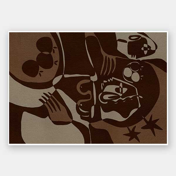 Expressive abstract piece in deep earthy tones, featuring emotional human-like figures, fruit forms, and stars, from the Shatha collection with Urban Road.