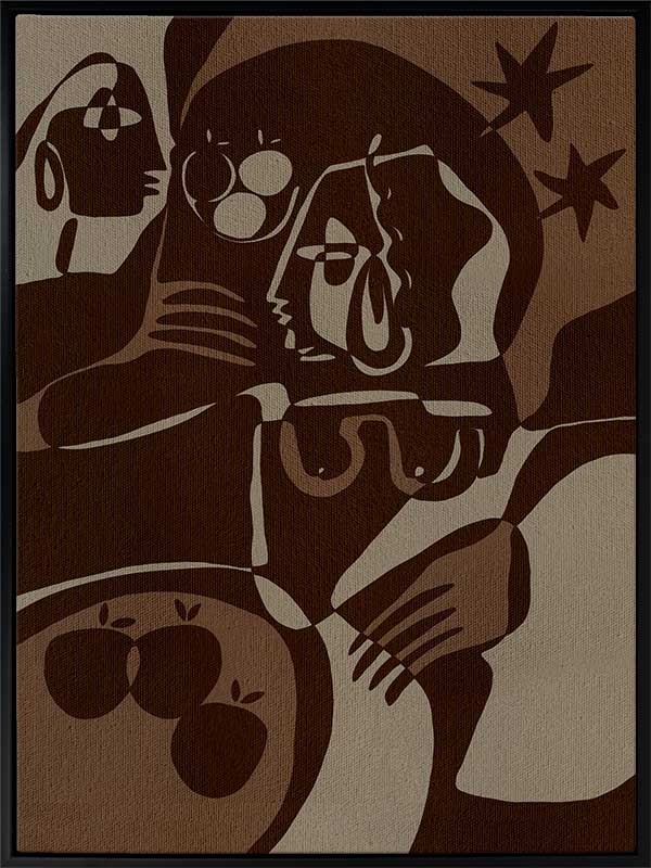 Expressive abstract piece in deep earthy tones, featuring emotional human-like figures, fruit forms, and stars, from the Shatha collection with Urban Road.