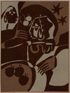 Expressive abstract piece in deep earthy tones, featuring emotional human-like figures, fruit forms, and stars, from the Shatha collection with Urban Road.