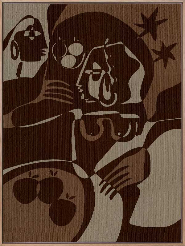 Expressive abstract piece in deep earthy tones, featuring emotional human-like figures, fruit forms, and stars, from the Shatha collection with Urban Road.