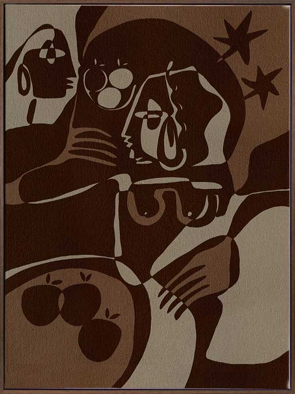 Expressive abstract piece in deep earthy tones, featuring emotional human-like figures, fruit forms, and stars, from the Shatha collection with Urban Road.