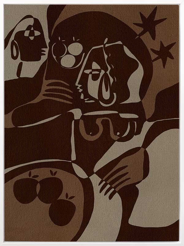 Expressive abstract piece in deep earthy tones, featuring emotional human-like figures, fruit forms, and stars, from the Shatha collection with Urban Road.