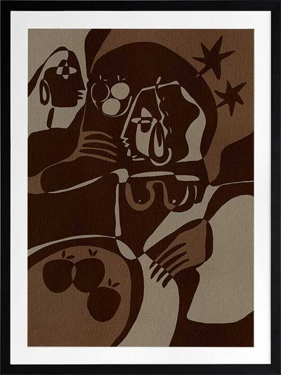 Expressive abstract piece in deep earthy tones, featuring emotional human-like figures, fruit forms, and stars, from the Shatha collection with Urban Road.